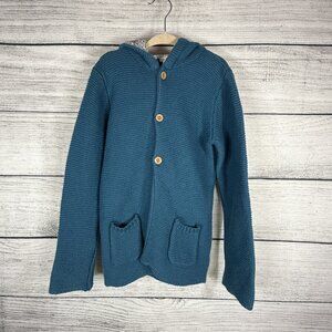 JoJo Maman Bebe Teal Blue Wool Hooded Button Down Cardigan Size 5-6